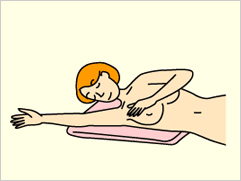 おやすみ前に、あお向けの姿勢で乳房やわきの下のリンパ節をさわります(触診)。
